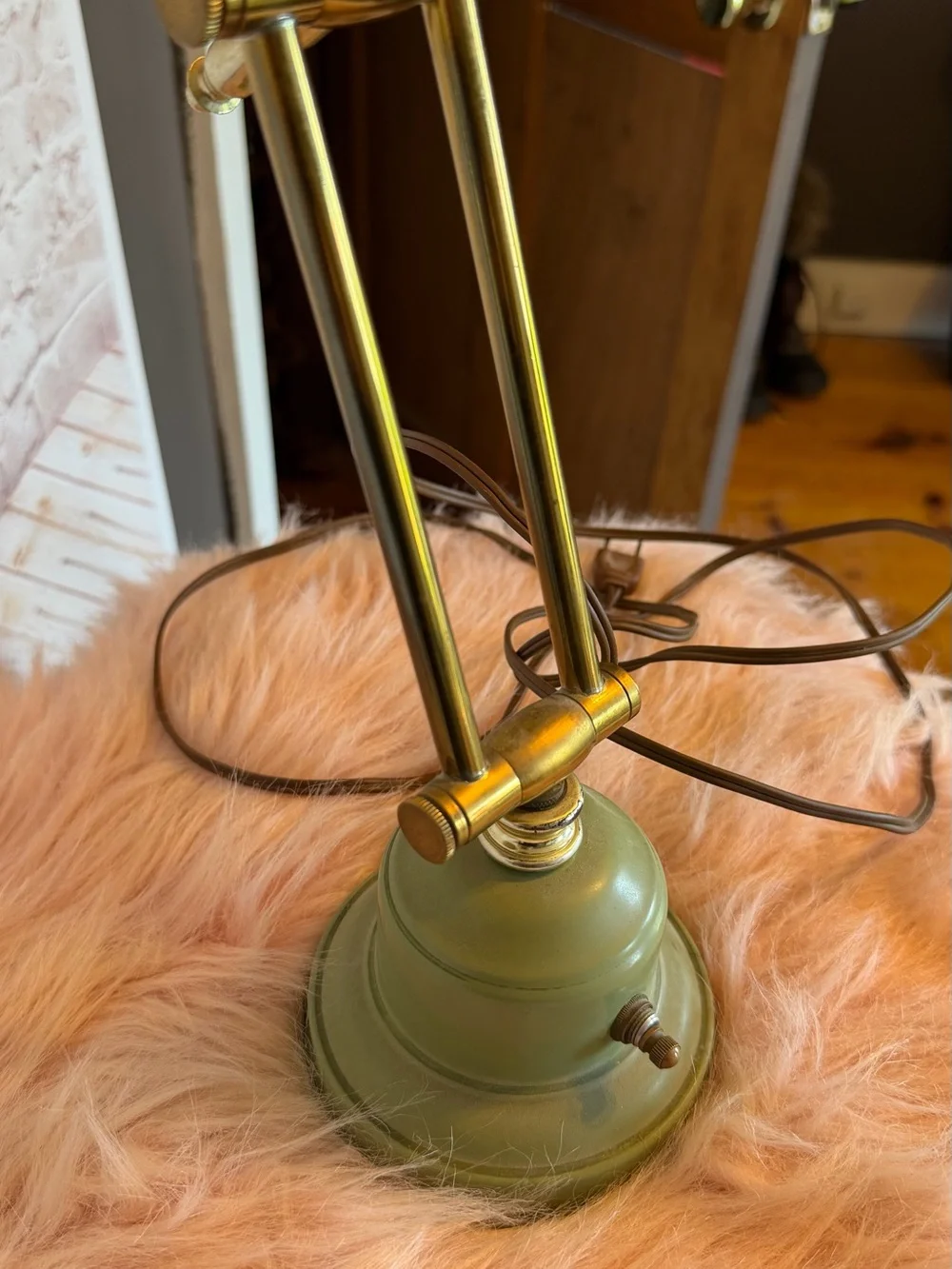 antique Adjustable MCM Green Metal & brass Desk Lamp